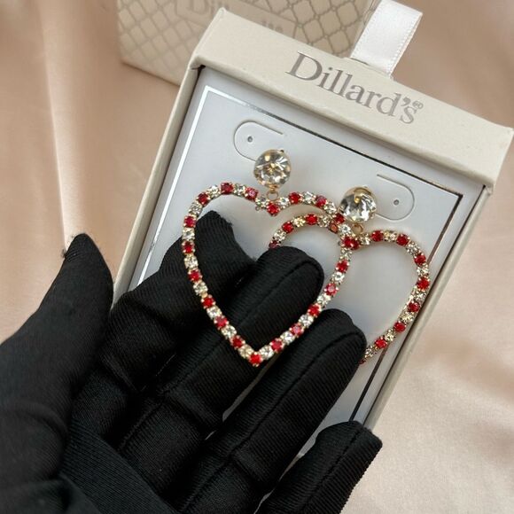 Red & Gold Crystal Heart Earrings – Statement Dangle Earrings - Picture 4 of 7